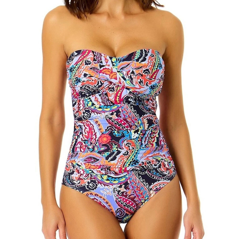 ANNE COLE colorful paisley parade bandeau twist front one piece swimsuit NWT